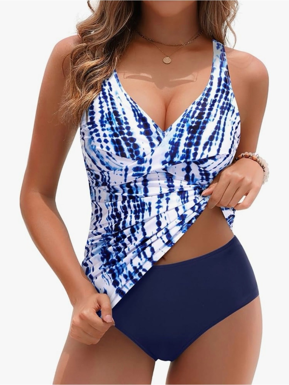 Blue Tie-Dye V-Neck Tankini with Solid Navy Bottom NWT